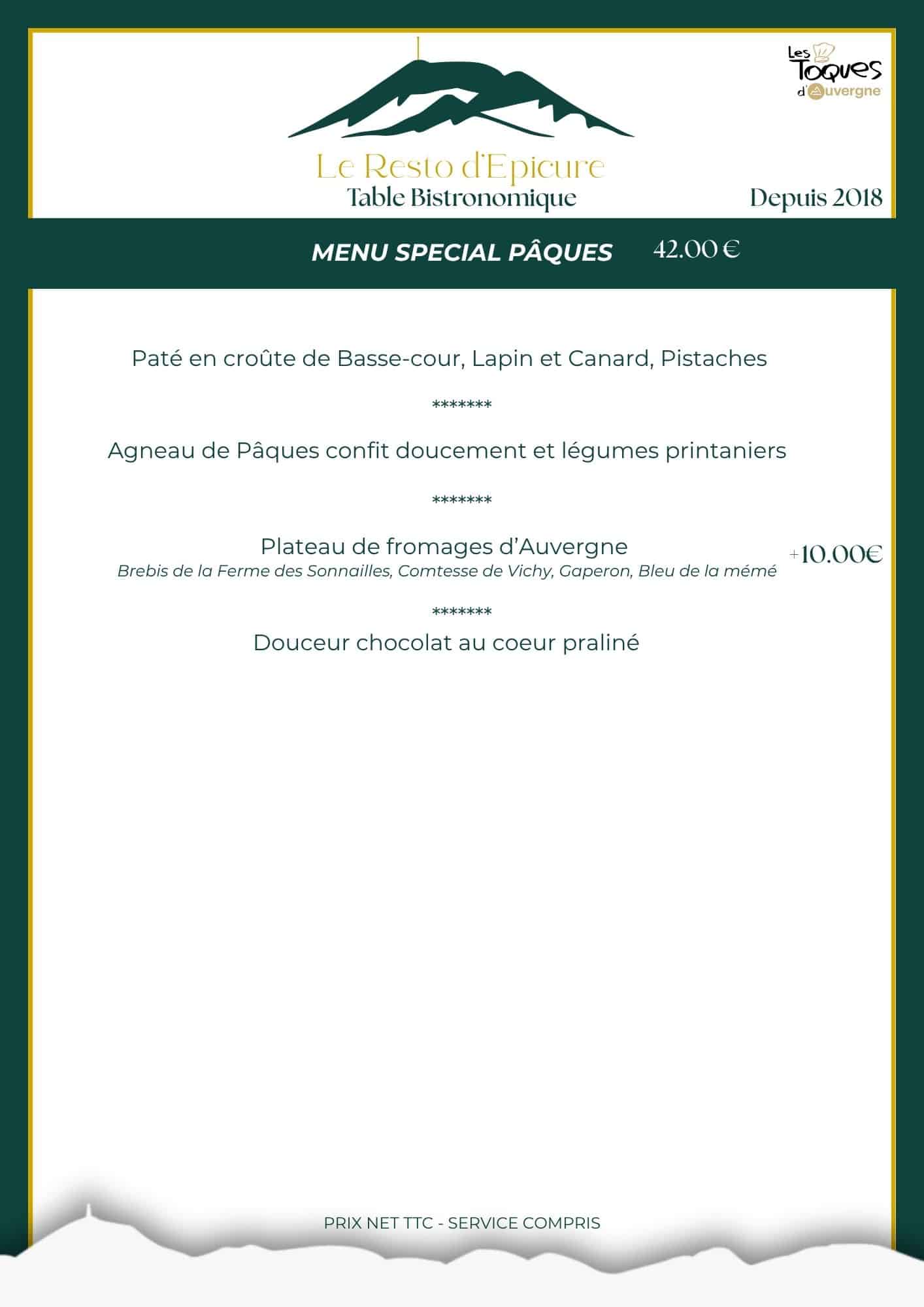 Menu de Pâques jusqu'au 19 avril